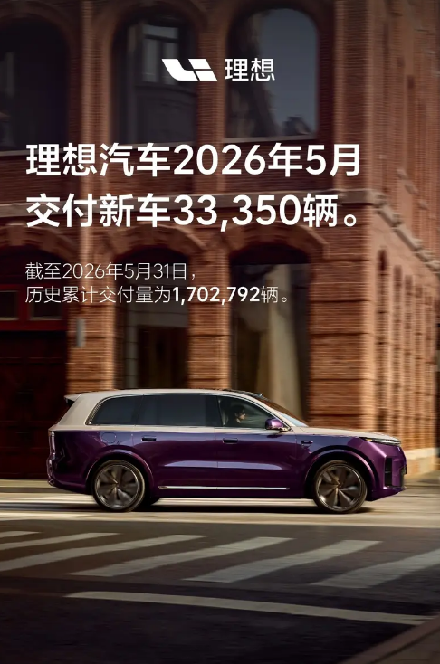 理想汽车5月交付新车33350辆 历史累计交付超170万辆